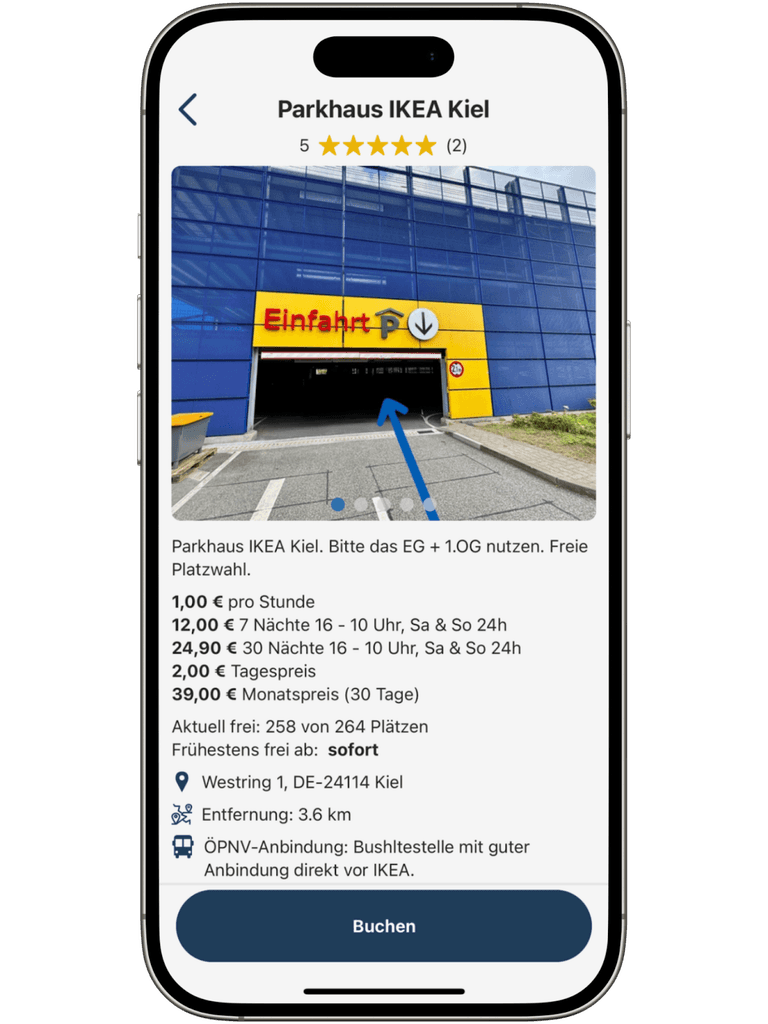 Peuka App zeigt Parkhaus IKEA Kiel mit Preisen, Verfügbarkeit und Buchungsoption