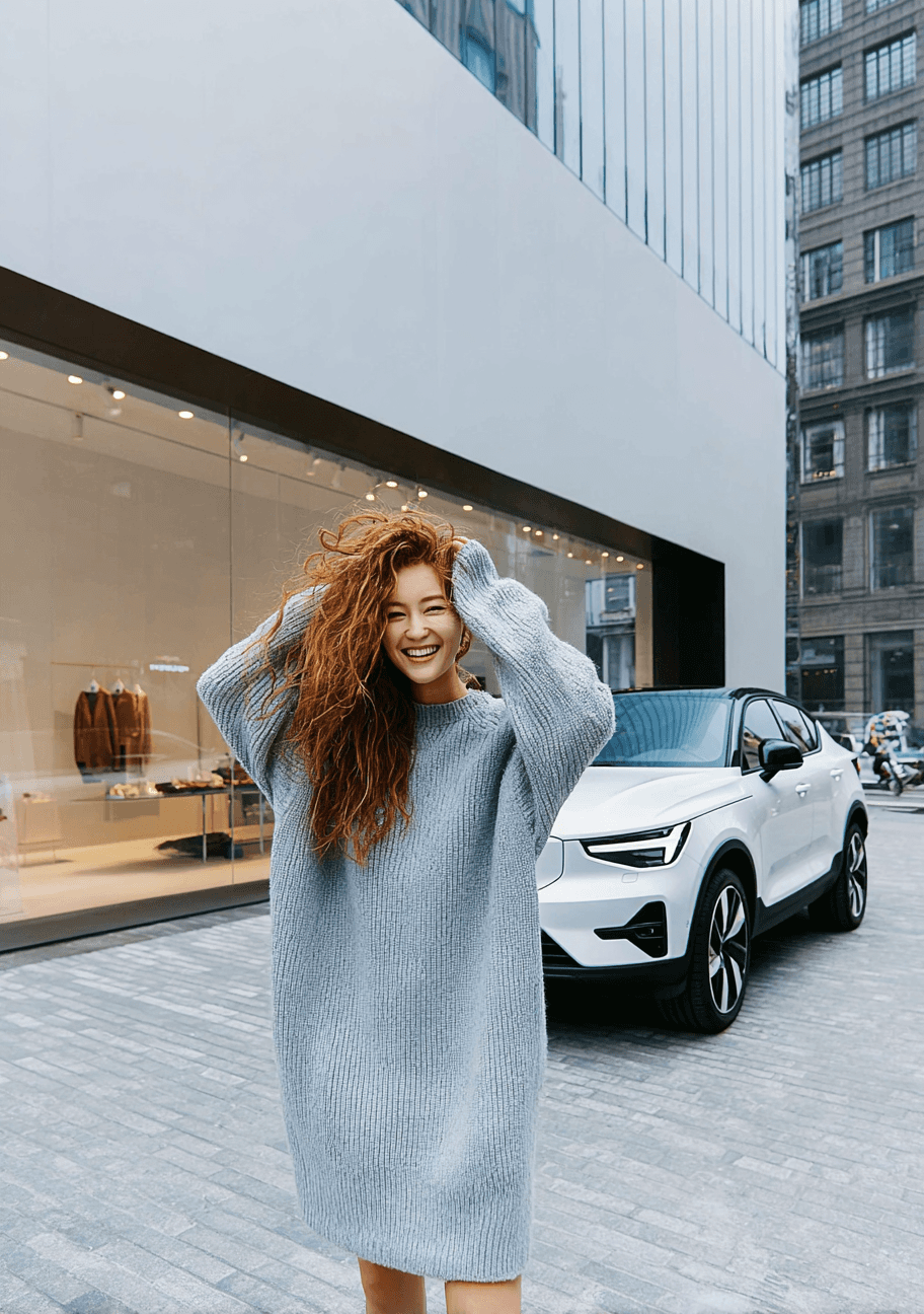 Frau in der Stadt vor ihrem Auto